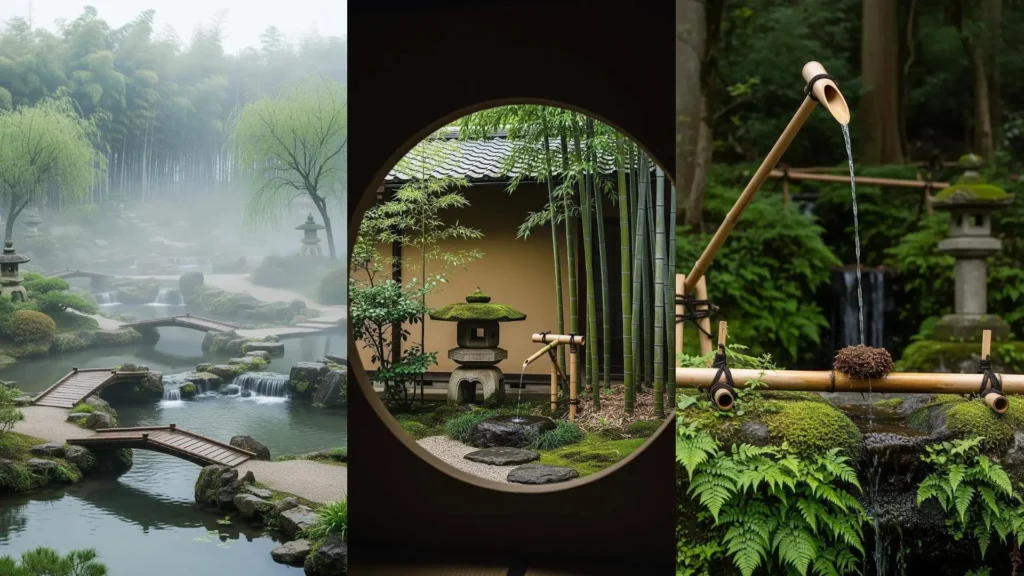 Tre scene di giardini zen con cascate delicate, bambù lussureggiante e lanterne giapponesi in pietra, in un'atmosfera serena.