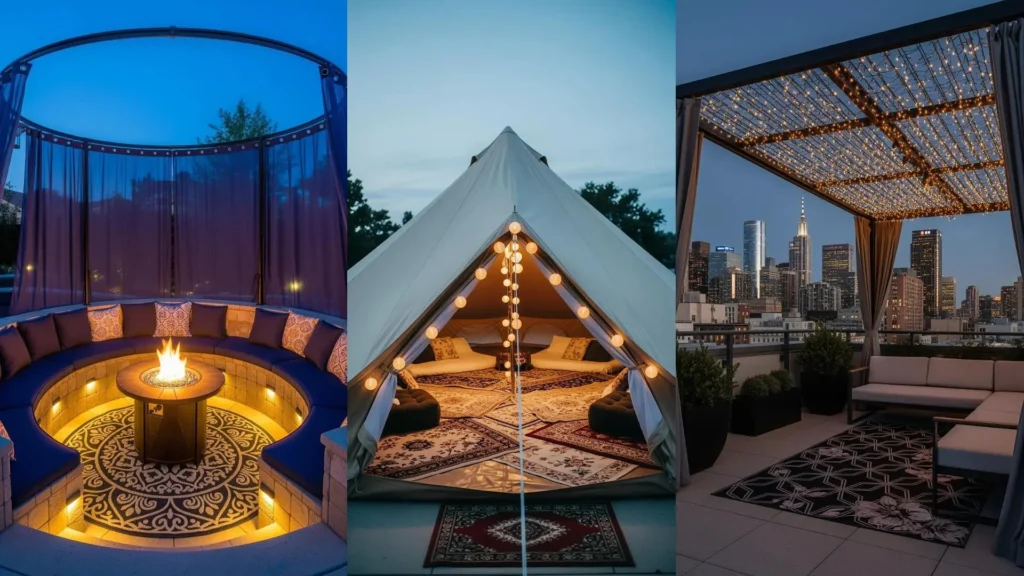 Patii romantici al crepuscolo con tappeti floreali, tende trasparenti e fili di luci calde.