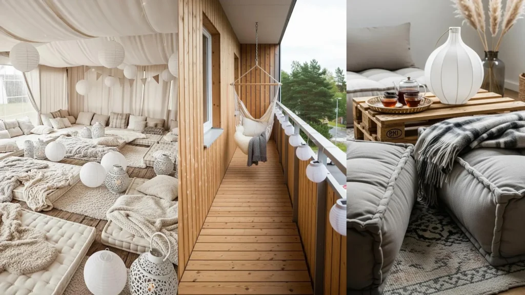 Balcone scandinavo con legno chiaro, plaid soffici e lanterne bianche per un'atmosfera accogliente e rilassante.