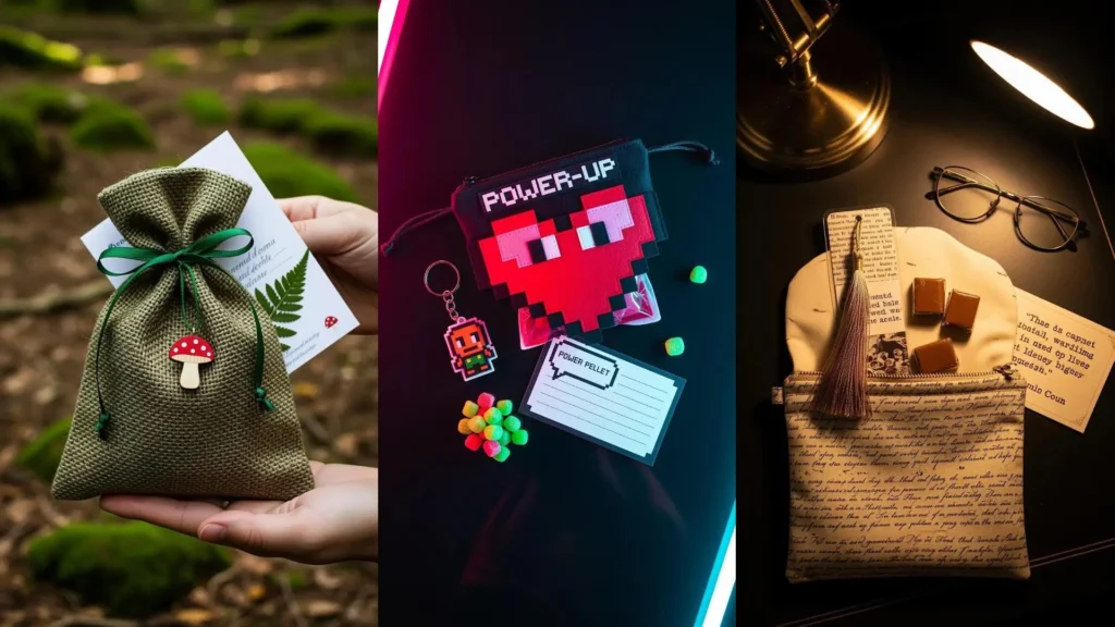 Sacchettini sorpresa con gadget artigianali, caramelle colorate e biglietti personalizzati in vari stili unici e divertenti.