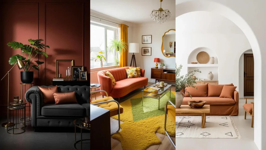 Soggiorni color terracotta con tessuti naturali, divani e piante che rendono l'ambiente caldo e accogliente.