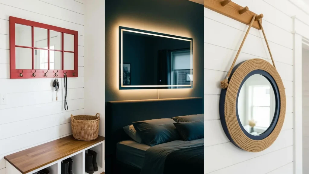 Vecchia finestra rossa riciclata come specchio da parete con appendiabiti, tra altri specchi decorativi.