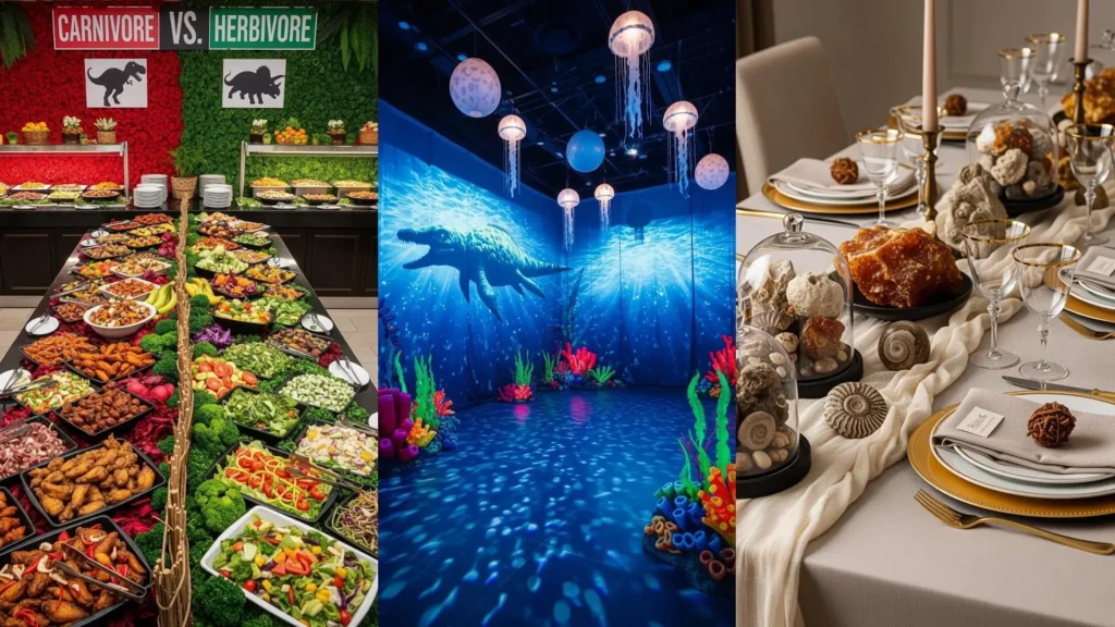 Decorazioni giurassiche con dinosauri, scenografie da film subacquee, buffet a tema e dettagli con fossili e rocce preistoriche.