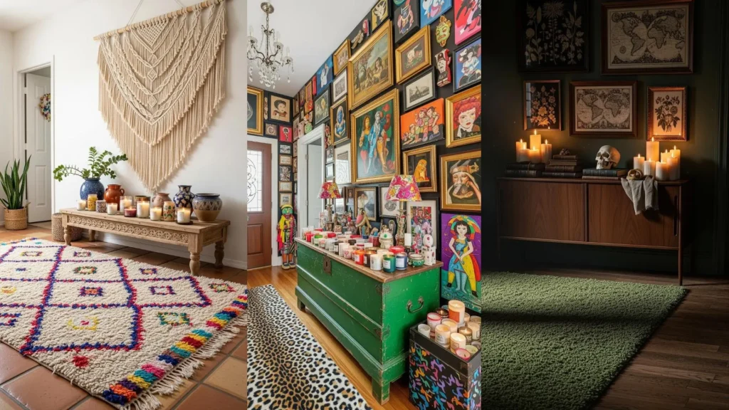 Tre ingressi accoglienti con tappeti a pelo, candele profumate e varie opere d'arte che creano un'atmosfera avvolgente.