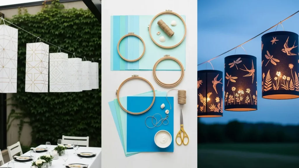 Scena con lanterne sospese fai da te in carta colorata per feste estive all'aperto, con materiali per creare le tue decorazioni.