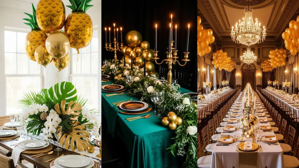 Una festa di Capodanno con tavoli eleganti, candele scintillanti e palloncini dorati, perfetta per accogliere il nuovo anno.