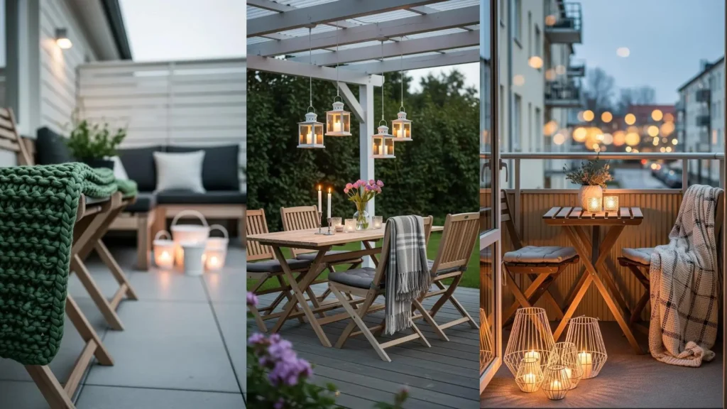 Accoglienti patii scandinavi con arredi pieghevoli in legno, plaid caldi e lanterne bianche luminose per serate all'aperto.