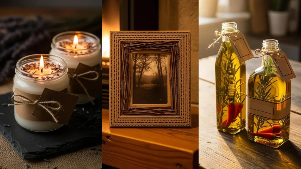 Candele, cornice e oli infusi. Regali sostenibili con materiali riciclati, carta kraft e dettagli naturali.