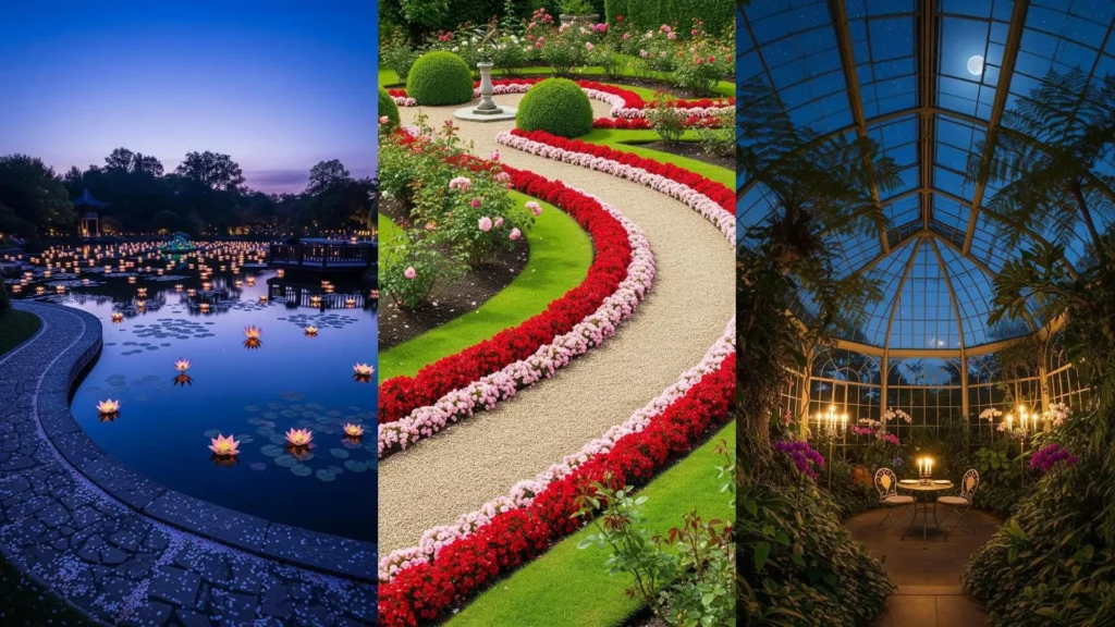 Un romantico vialetto di petali fioriti e un intimo angolo illuminato per dichiarazioni d'amore nel giardino.