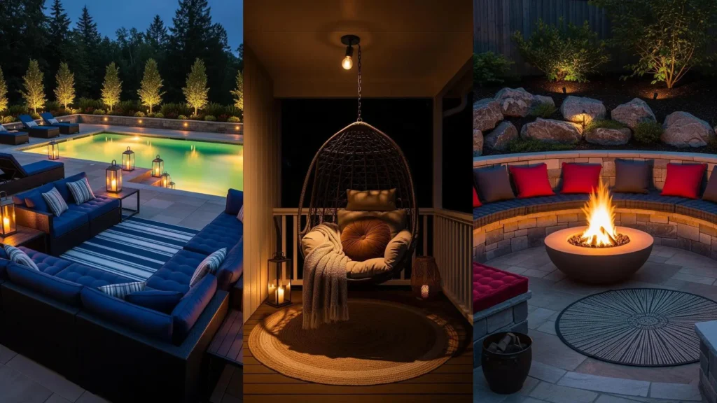 Tre scenari accoglienti per il patio con tappeti, cuscini soffici, divani e luci calde che invitano a restare.