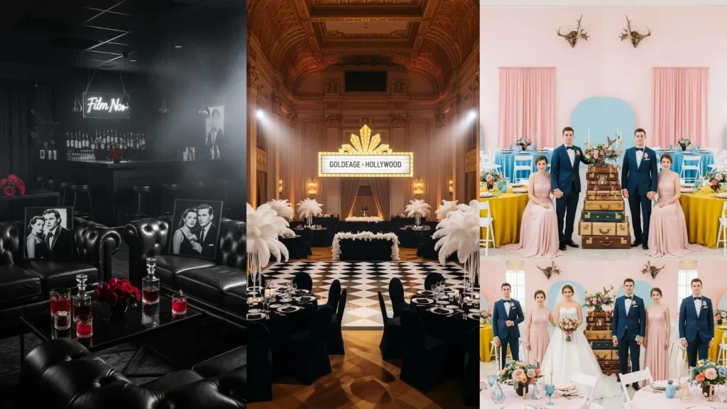 Matrimonio a tema cinema con insegne luminose stile Hollywood, bar elegante ispirato al Film Noir, perfetto per sogni in pellicola.