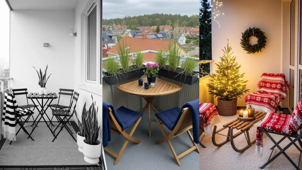 Balcone scandinavo con mobili pieghevoli, un albero di Natale e calde coperte di lana rosse per piccoli spazi.