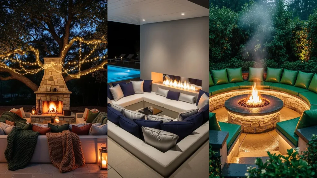 Tre camini esterni con luci soffuse, divani e cuscini avvolgenti creano un'atmosfera intima e accogliente all'aperto.