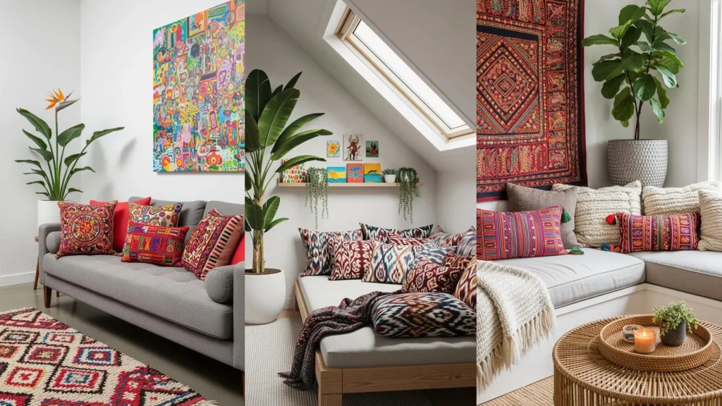 Angoli lettura eclettici con tessuti etnici, quadri colorati vibranti e lussureggianti piante tropicali per il relax.