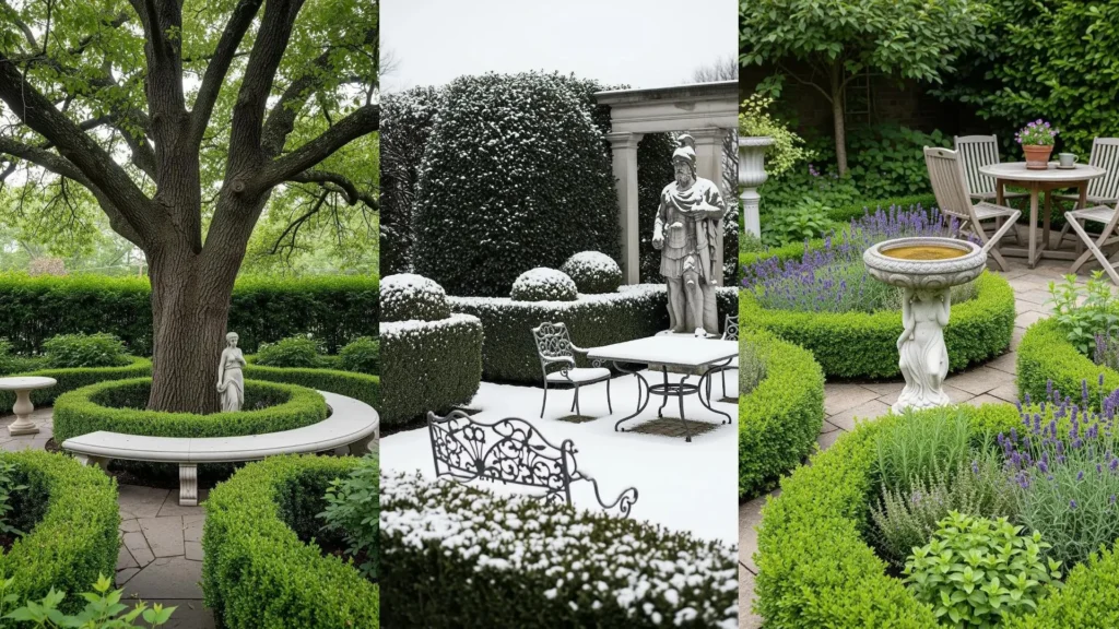 Patii classici con statue, siepi curate e tavoli da tè raffinati, che mostrano bellezza in diverse stagioni.