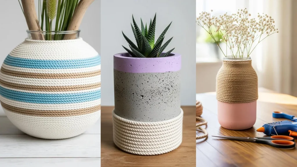 Scena con tre vasi decorativi fatti a mano con corde naturali bianche, blu, marroni e tonalità pastello lilla e rosa.