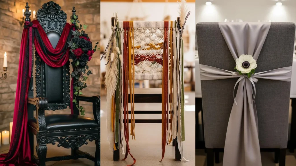 Sedie da festa fai da te decorate con tessuti, fiori e nastri coordinati in vari stili per ispirare la tua creatività.