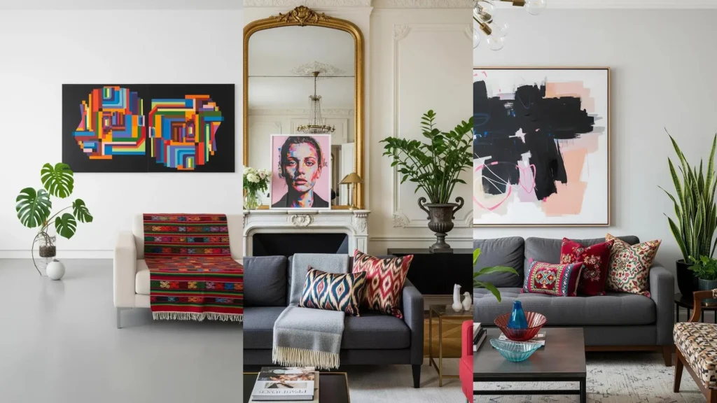 Salotti moderni con tessuti etnici, quadri colorati astratti e piante tropicali, creando un ambiente vivace.