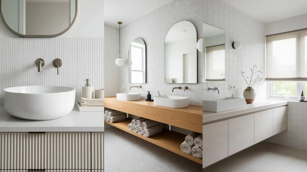 Bagno scandinavo moderno con legno chiaro, piastrelle bianche, lavandini bianchi e asciugamani in lino naturale.