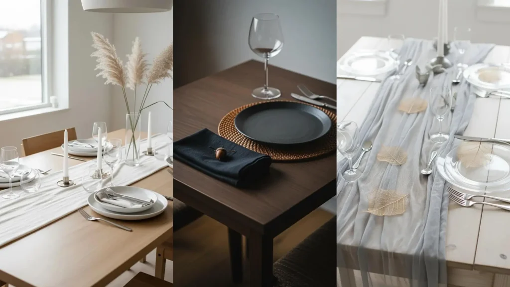 Allestimenti tavola minimal autunnali con piatti moderni, palette neutre e dettagli naturali come foglie e piume di pampas.