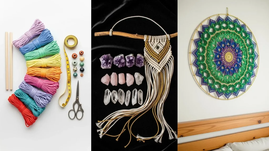 Filati macramè colorati e decorazioni murali boho con strumenti e perline, per un weekend creativo e fai da te.