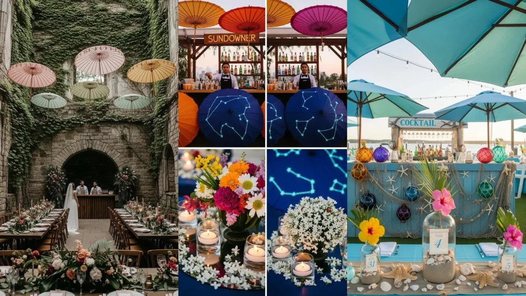 Ispirazioni estive per matrimoni con un cocktail bar, ombrelloni colorati e centrotavola tropicali per una festa vivace.