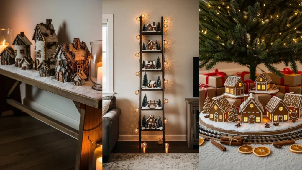 Immagine di un soggiorno trasformato in villaggio nordico, con casette in legno e pan di zenzero, avvolte da luci calde.