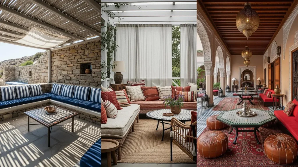 Verande mediterranee con tavoli in mosaico, pergolati ombreggiati e un'atmosfera rilassante, perfette per godere dell'aria aperta.