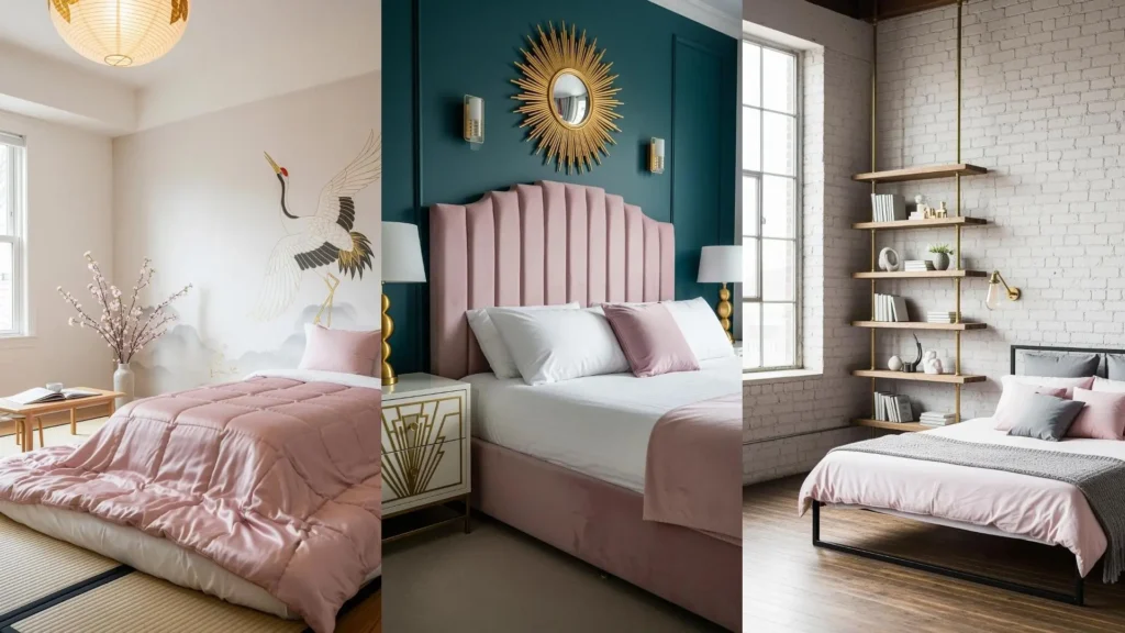 Collage di tre camere da letto per coppie. Idee di arredo con palette nei toni del rosa cipria e dell'oro.