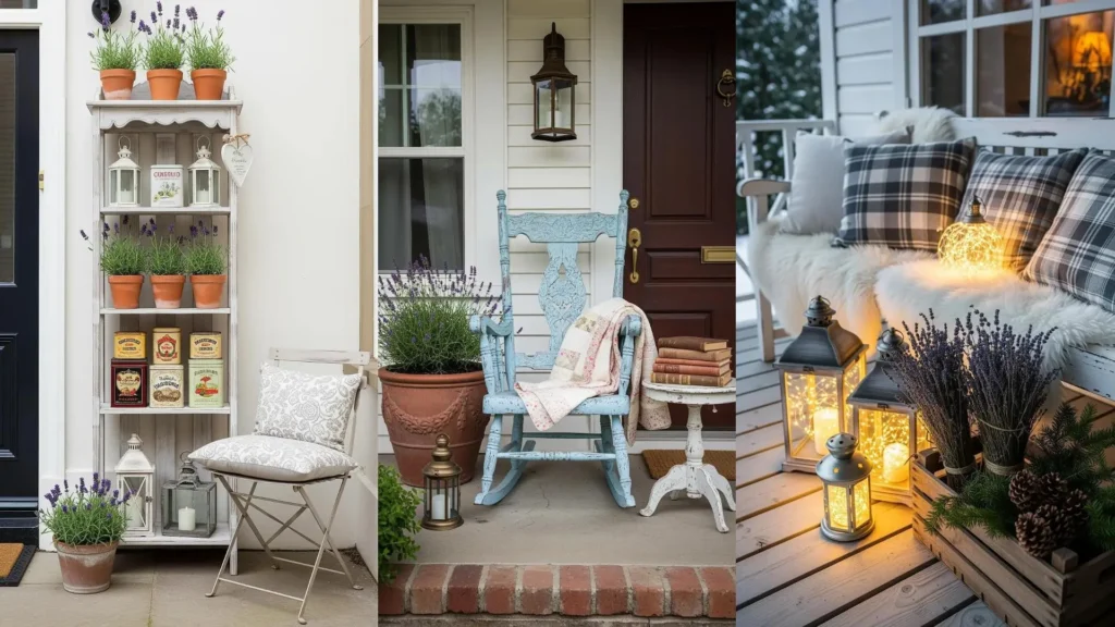 Portico shabby chic con sedia decapé, mazzi di lavanda e lanterne vintage illuminate, creando un'atmosfera dal sapore antico.