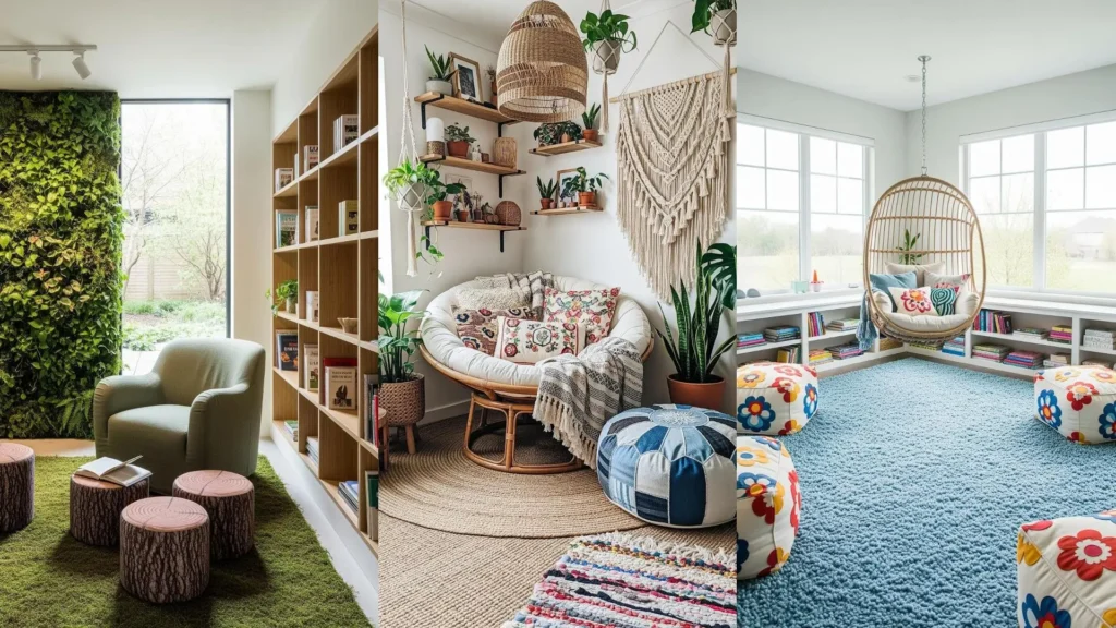 Tre accoglienti spazi lettura familiari con librerie integrate, tappeti soffici e pouf giocosi. Perfetto per ogni casa.