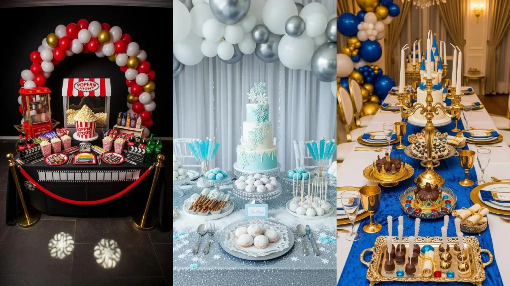 Festa di compleanno per bambini con palloncini vivaci, allestimenti a tema cinema, ghiaccio e reali, e tanti dolci colorati.