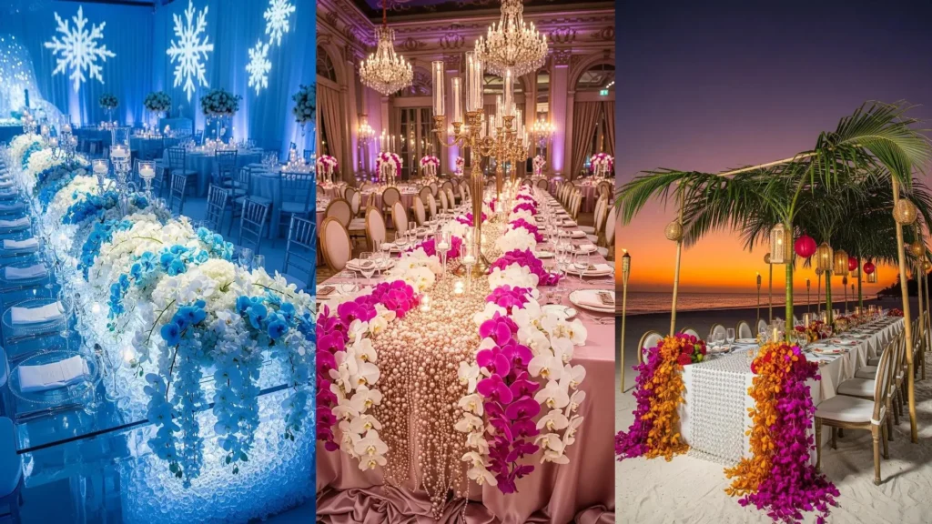 Magnifici tavoli imperiali con runner di cristalli scintillanti e cascate di orchidee, perfetti per un matrimonio da sogno.