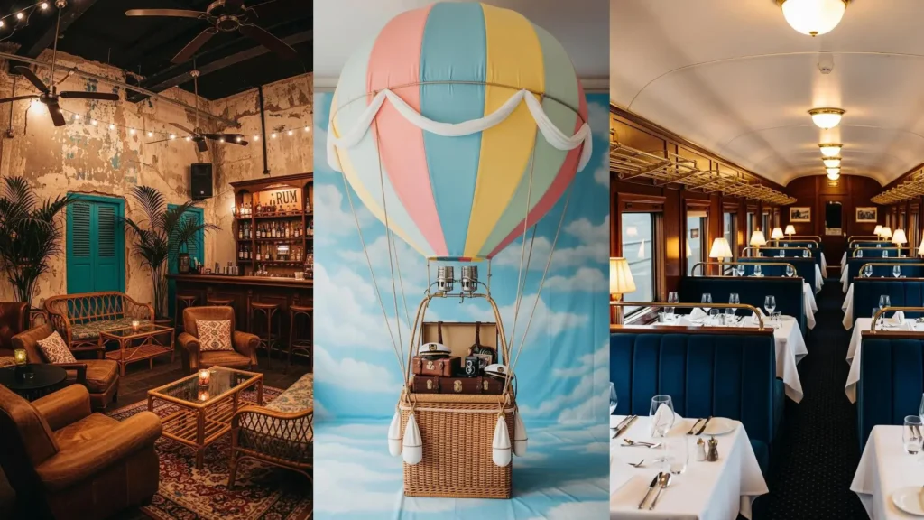 Festa a tema viaggio: mongolfiera con valigie vintage, bar tropicale per cocktail esotici e lussuoso vagone ristorante.