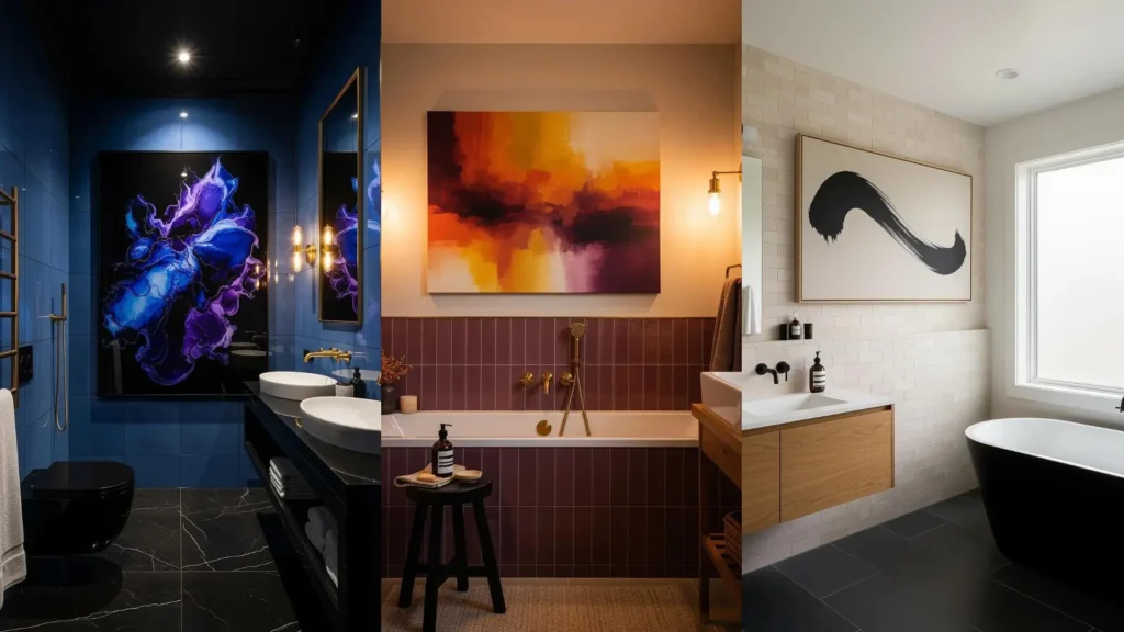 Tre bagni d'impatto con grandi quadri astratti e piastrelle coordinate blu, marroni e bianche. Design moderno.