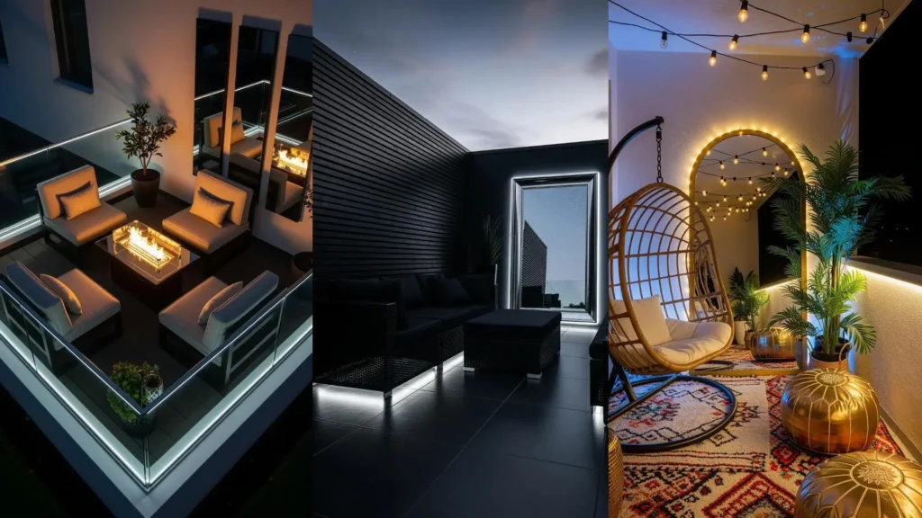 Tre balconi glamour con specchi decorativi e illuminazione a LED integrata, creando un'atmosfera elegante e accogliente.