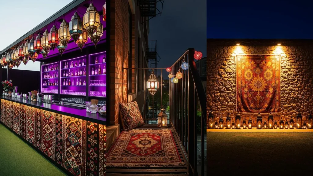 Tappeti kilim, lanterne marocchine e luci colorate animano la notte in un'atmosfera boho da esterni.