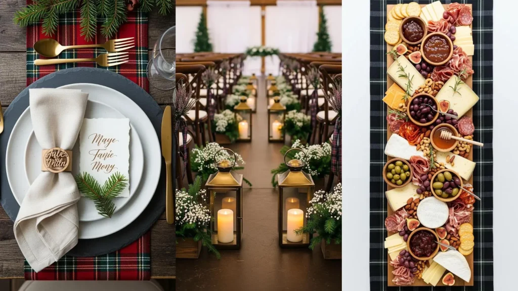 Dettagli accoglienti per un matrimonio in montagna con plaid scozzese e legno: tavola festiva e corridoio cerimoniale illuminato.