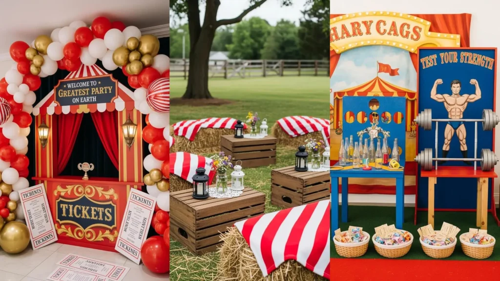 Colorate decorazioni per un allegro party a tema circo, con tendoni rossi, palloncini e un banco biglietti.