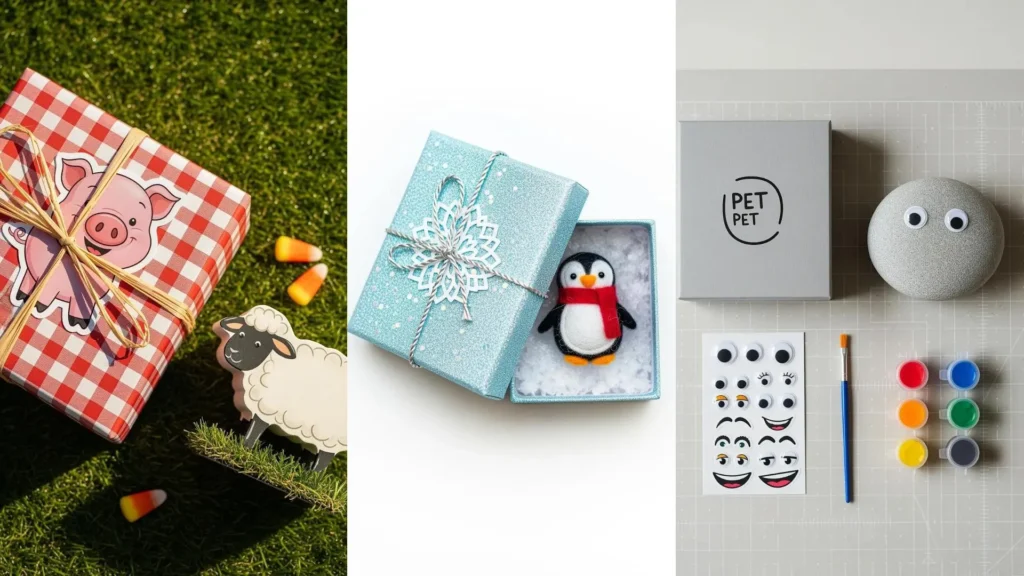 Scatoline colorate, un simpatico pinguino pupazzetto e vari adesivi divertenti per regali di compleanno bambini.