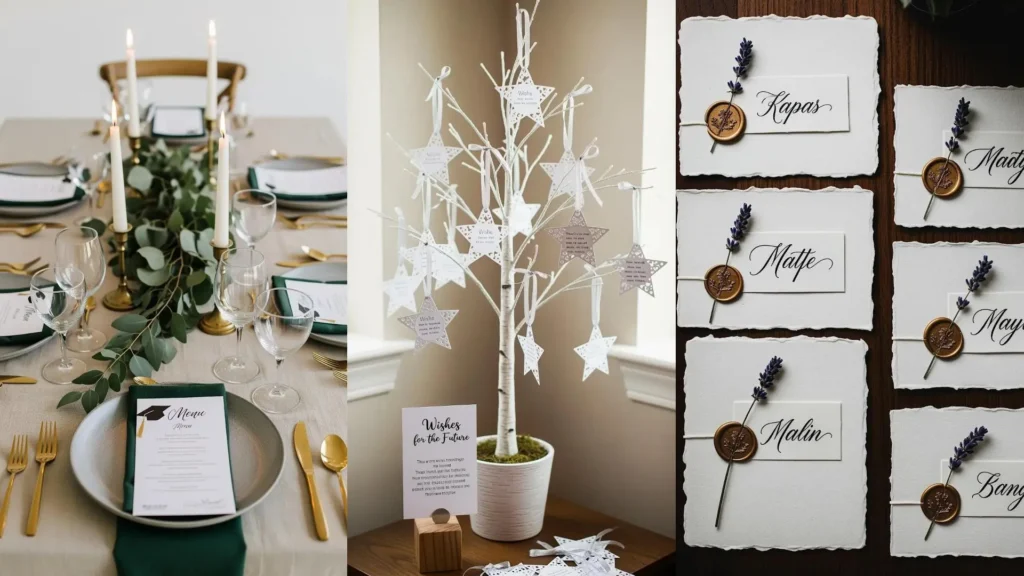 Tavolo per festa di laurea intima con menu personalizzato, decorazioni fai-da-te di eucalipto, albero dei desideri e segnaposto con lavanda.