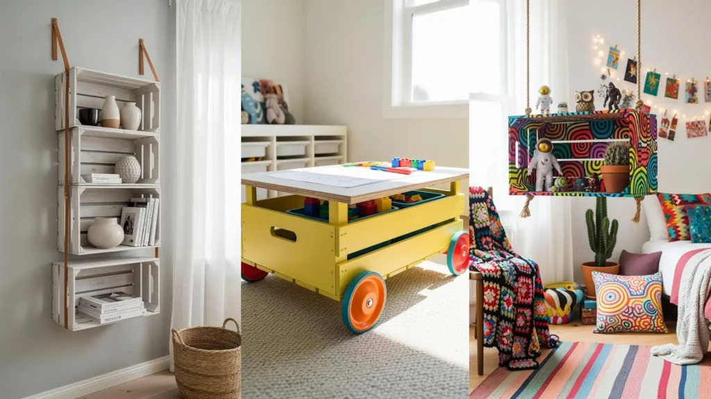 Diversi progetti fai da te con cassette di legno: scaffali sospesi bianchi e un tavolino giallo moderno con ruote.