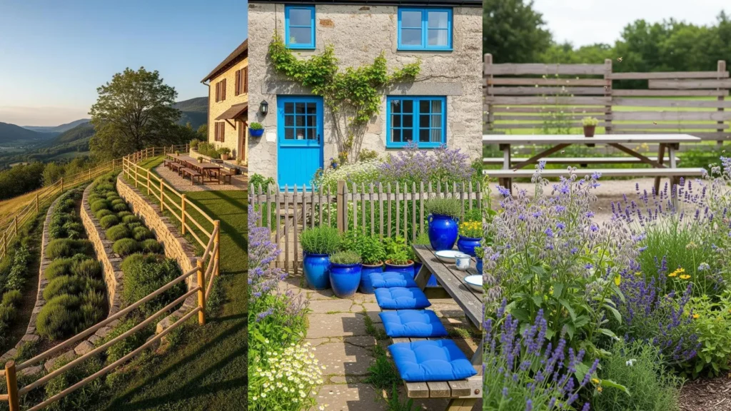 Rustici con orti aromatici terrazzati, recinzioni in legno e lunghi tavoli da picnic in un paesaggio idilliaco.