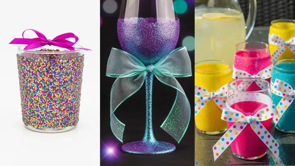 Bicchieri e calici fai da te decorati con glitter brillanti e nastri eleganti in colori vivaci per spunti creativi unici.