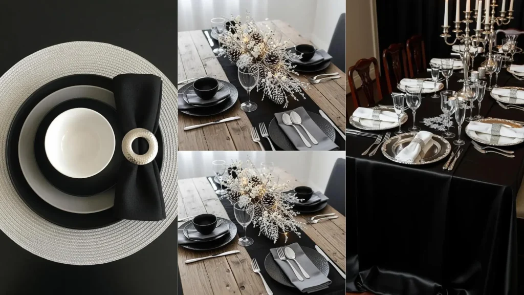 Tavole di Capodanno elegantemente decorate con tovaglie nere, piatti argentati, posate lucide e centrotavola invernali scintillanti.