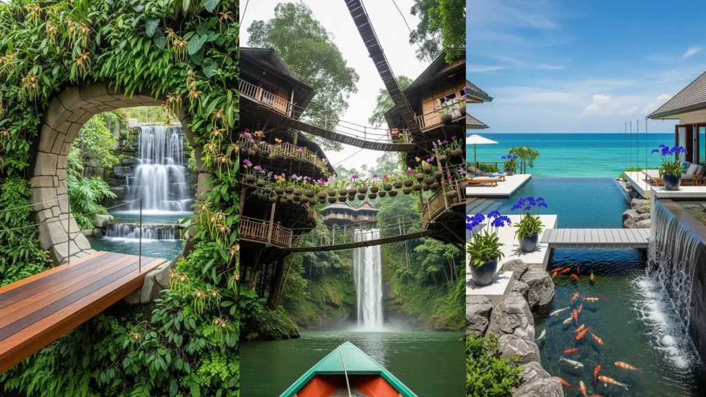 Lussureggiante giardino tropicale con cascate, passerelle sospese in legno e orchidee rare che adornano l'ambiente.
