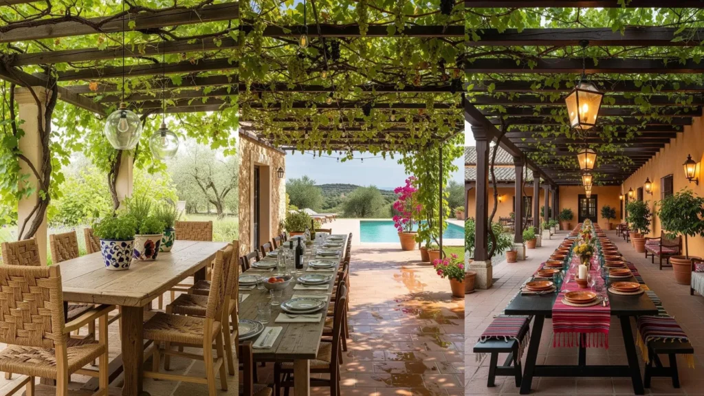 Veranda mediterranea con pergolato di vite, tavoli rustici apparecchiati e luci calde sospese, creando un'atmosfera accogliente.