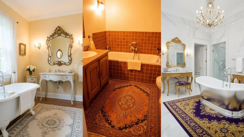 Tre bagni vintage con tappeti persiani, mobili antichi e vasche retrò, creando atmosfere uniche e affascinanti.