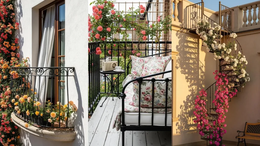 Eleganti balconi e scala a chiocciola in ferro battuto, abbelliti da rose rampicanti rosa, bianche e arancioni.
