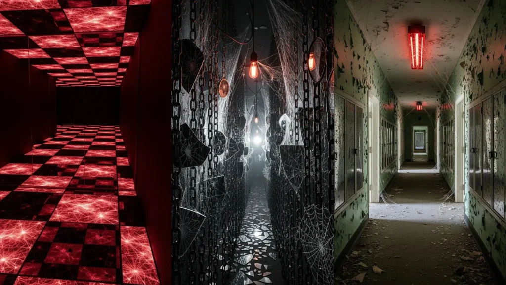 Tre corridoi dell'orrore trasformati con specchi riflettenti, fitte ragnatele e luci rosse inquietanti.